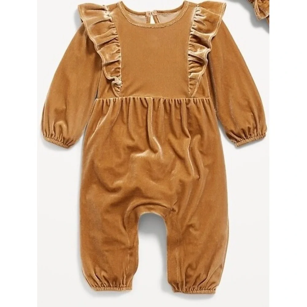 (B6) Old Navy Baby Velvet Ruffle Long Sleeve Jumpsuit Gold Brown 12-18 Months